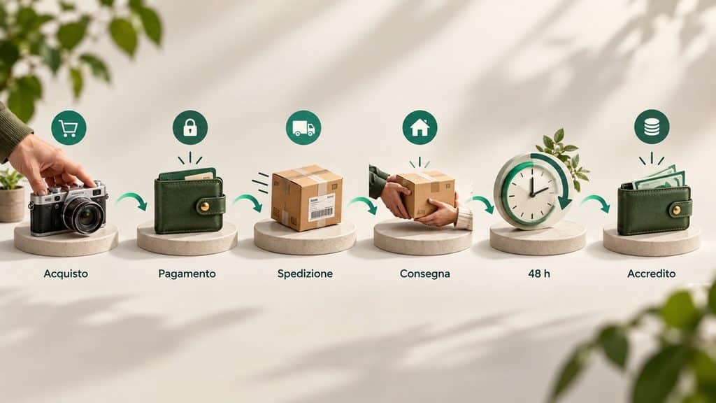 Wallapop: cos’è, come funziona, costi, spedizioni, sicurezza e alternative 1 Flusso di una transazione Wallapop dalla fase di acquisto all'accredito dopo le 48 ore di verifica