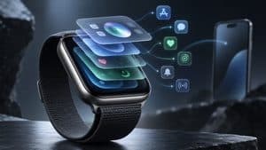 Home 9 Apple Watch con livelli software astratti che rappresentano watchOS e il collegamento tra app e sensori