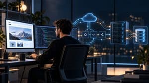 Home 7 Web developer al lavoro tra interfaccia, codice, API, server e database