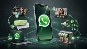 Smartphone con WhatsApp collegato a messaggi, chiamate, gruppi e dispositivi