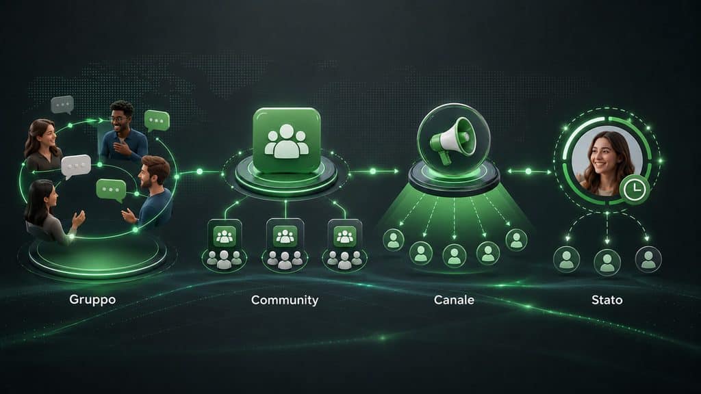 WhatsApp: cos’è, come funziona, a cosa serve e come usarlo 1 Schema delle differenze tra gruppi, Community, Canali e Stato su WhatsApp