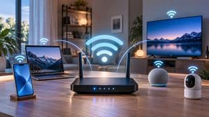 Router Wi-Fi che collega via wireless smartphone, notebook e altri dispositivi alla rete