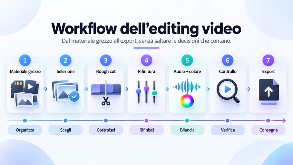 Editing video: cos’è, come funziona e come montare un video 1 Workflow dell’editing video dal materiale grezzo all’export finale