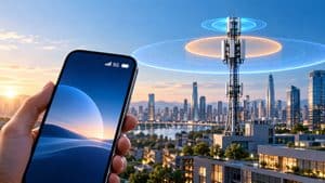 Smartphone collegato a una rete 5G con antenna cellulare e aree di copertura