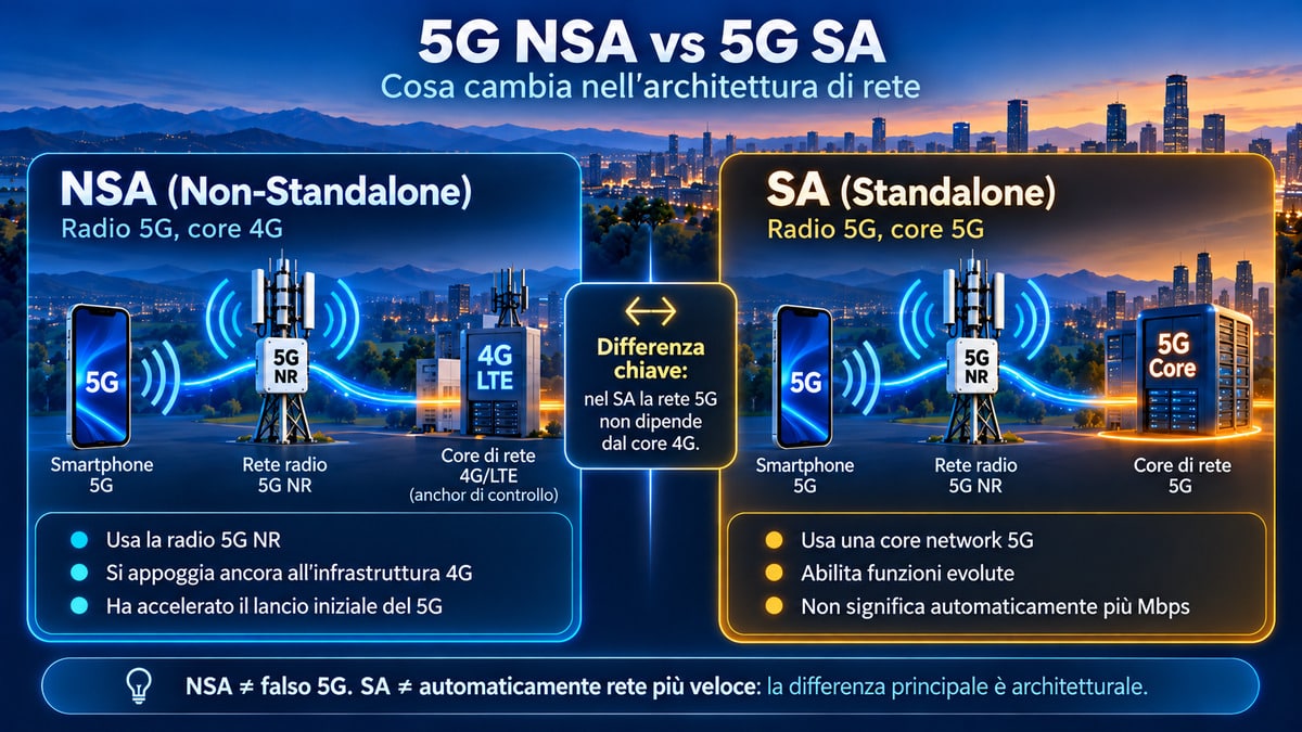 5G: cos’è, come funziona, vantaggi e svantaggi reali 3 Schema comparativo tra rete 5G NSA con core 4G e rete 5G SA con core 5G