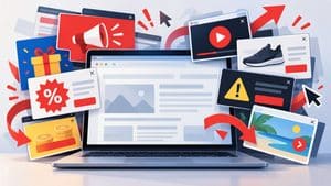 Laptop circondato da popup e annunci pubblicitari indesiderati, rappresentazione di un adware