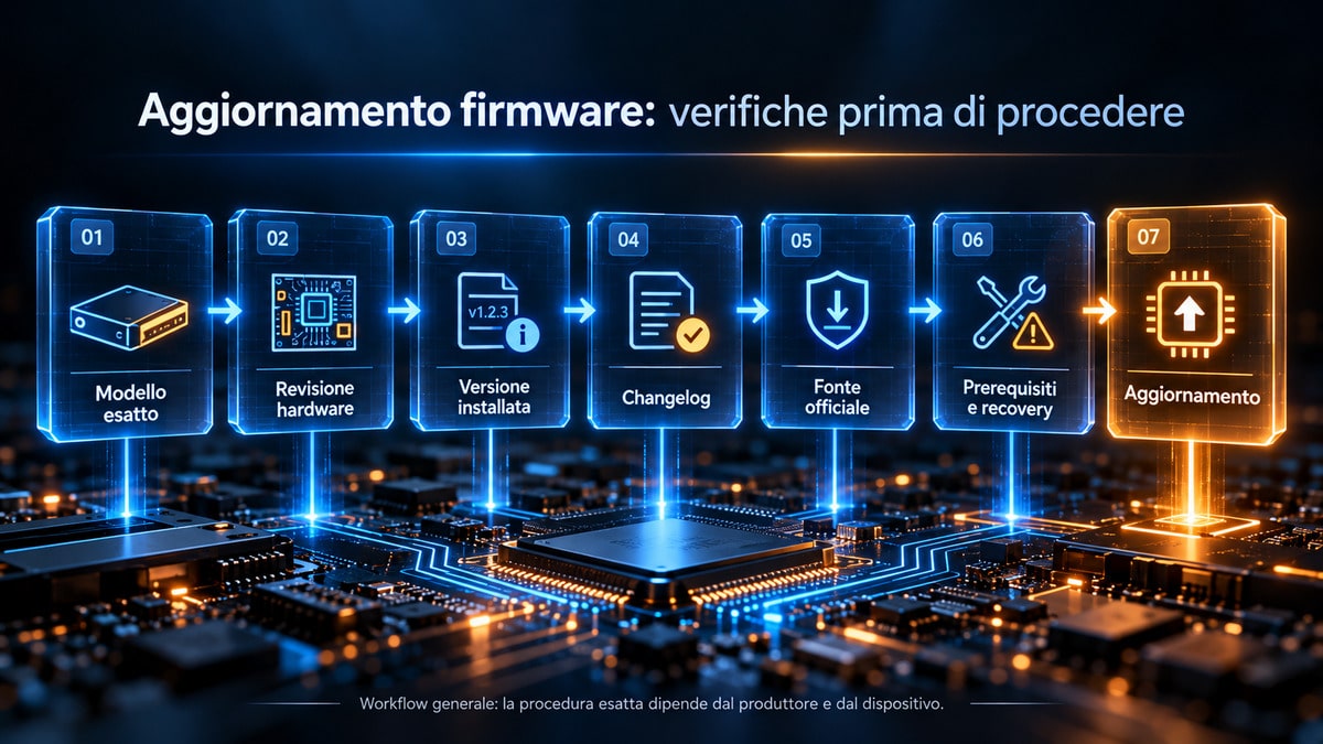 Firmware: cos’è, a cosa serve e come funziona 2 Workflow in sette passaggi per verificare modello, revisione, versione, changelog, fonte ufficiale e recovery prima dell’aggiornamento firmware