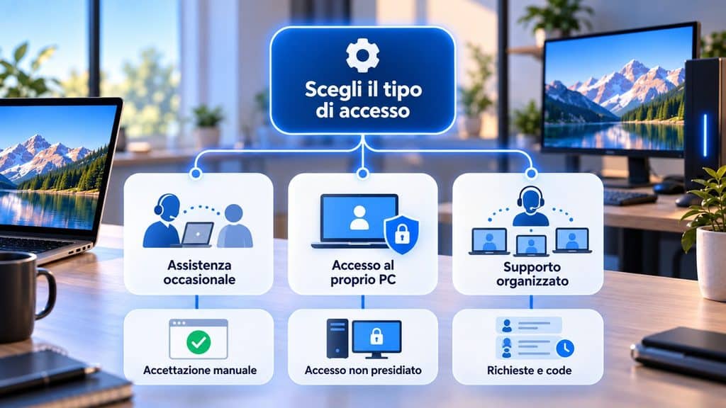AnyDesk: cos’è, come funziona e quando usarlo 1 Schema dei tre tipi di accesso AnyDesk: assistenza occasionale, accesso al proprio PC e supporto organizzato