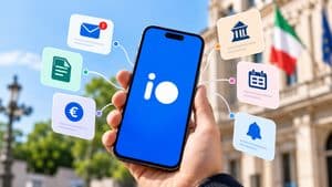 App IO su smartphone collegata a pagamenti, documenti, messaggi e servizi pubblici