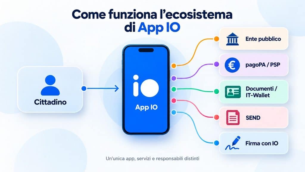 App IO: cos’è, come funziona e cosa puoi fare 1 Schema dell’ecosistema App IO con ente pubblico, pagoPA, IT-Wallet, SEND e Firma con IO