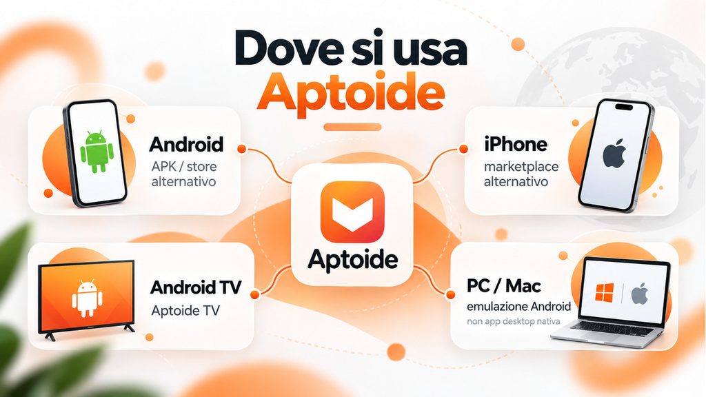 Aptoide: cos’è, come funziona, dove scaricarlo e quanto è sicuro 1 Infografica sui modi di usare Aptoide su Android, iPhone, Android TV, PC e Mac