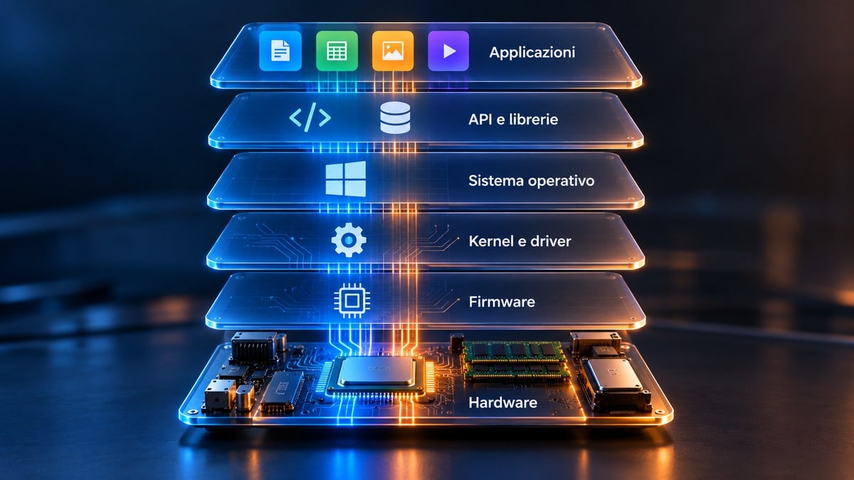Software: cos'è, come funziona e quali tipi esistono 1 Schema a livelli con applicazioni, API e librerie, sistema operativo, kernel e driver, firmware e hardware