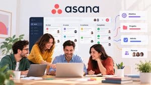 Home 9 Team al lavoro con una rappresentazione visuale di Asana che collega attività, progetto, obiettivo e persone.