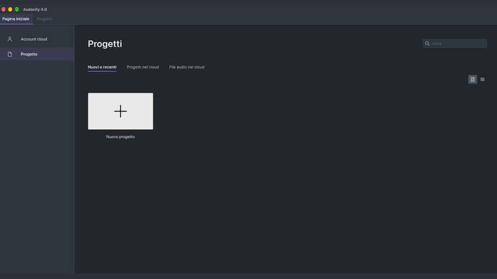 Audacity: cos’è, come funziona e come usarlo 2 Schermata Progetti di Audacity 4 con Nuovo progetto e accesso ai progetti cloud