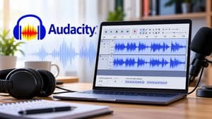 Home 8 Illustrazione di Audacity con laptop, forme d’onda audio, cuffie e microfono