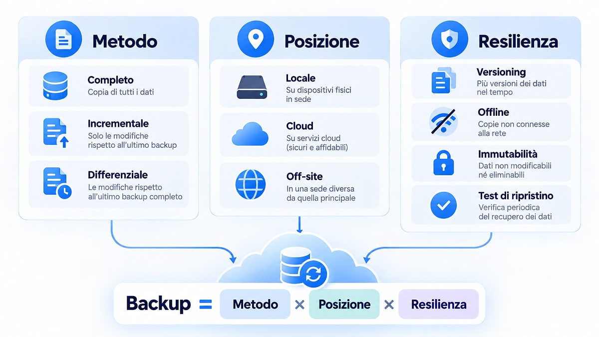 Backup: cos’è, come funziona e come creare copie davvero recuperabili 1 Diagramma che distingue metodo, posizione e resilienza di una strategia di backup