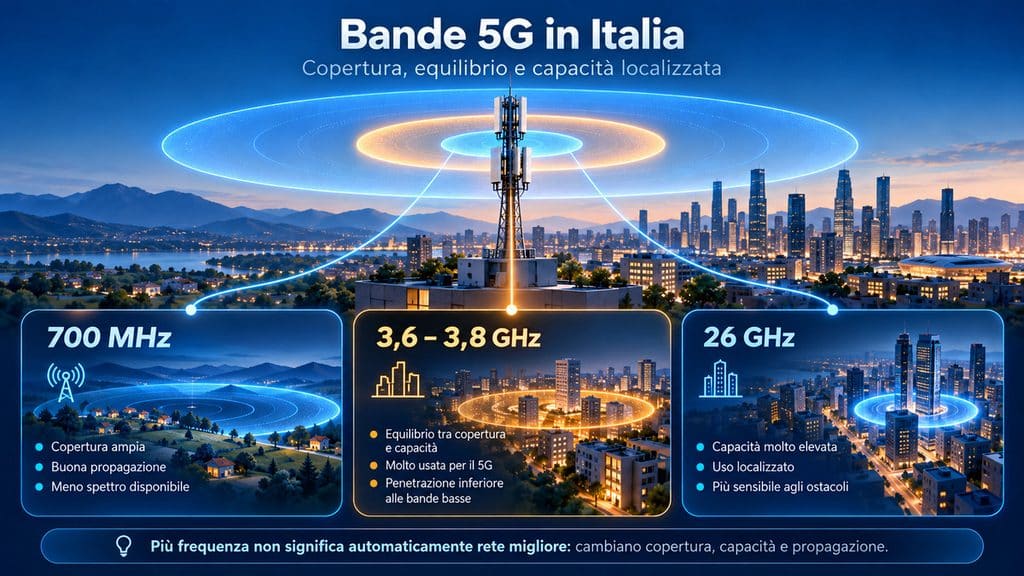 5G: cos’è, come funziona, vantaggi e svantaggi reali 1 Infografica sulle bande 5G in Italia a 700 MHz, 3,6–3,8 GHz e 26 GHz e sui relativi trade-off