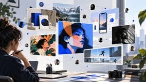 Portfolio creativo su Behance rappresentato come rete di progetti di design, fotografia e illustrazione
