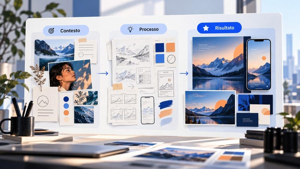 Behance: cos’è, come funziona e come usarla per mostrare il tuo lavoro e trovare opportunità 1 Schema di un progetto Behance efficace organizzato in Contesto, Processo e Risultato