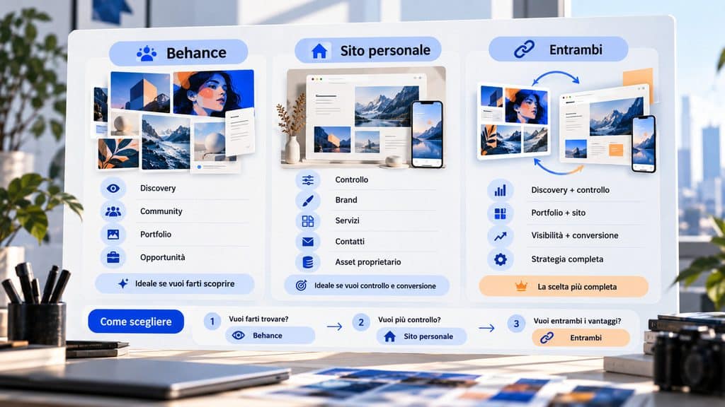 Behance: cos’è, come funziona e come usarla per mostrare il tuo lavoro e trovare opportunità 2 Confronto visivo tra Behance, sito personale e uso combinato per discovery, controllo e conversione