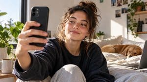 Ragazza in una stanza luminosa mentre usa lo smartphone per scattare una foto spontanea
