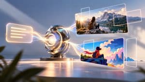 Bing Image Creator rappresentato come un motore AI che trasforma un prompt in immagini fotografiche e illustrate