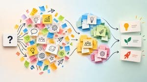 Home 7 Schema visivo del brainstorming: da una domanda iniziale a molte idee, raggruppate e trasformate in poche soluzioni selezionate