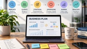Business plan con mercato, cliente, strategia, operazioni, numeri e risultati
