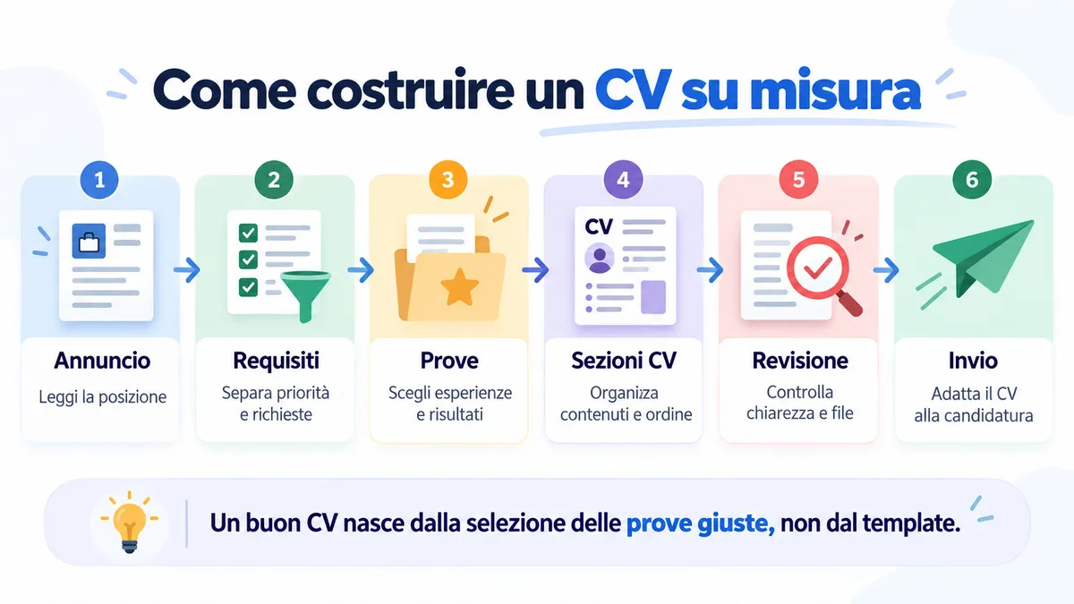 Come fare un curriculum vitae efficace: cosa scrivere, formato ed esempi 1 Diagramma in sei passaggi per costruire un CV su misura: annuncio, requisiti, prove, sezioni del curriculum, revisione e invio