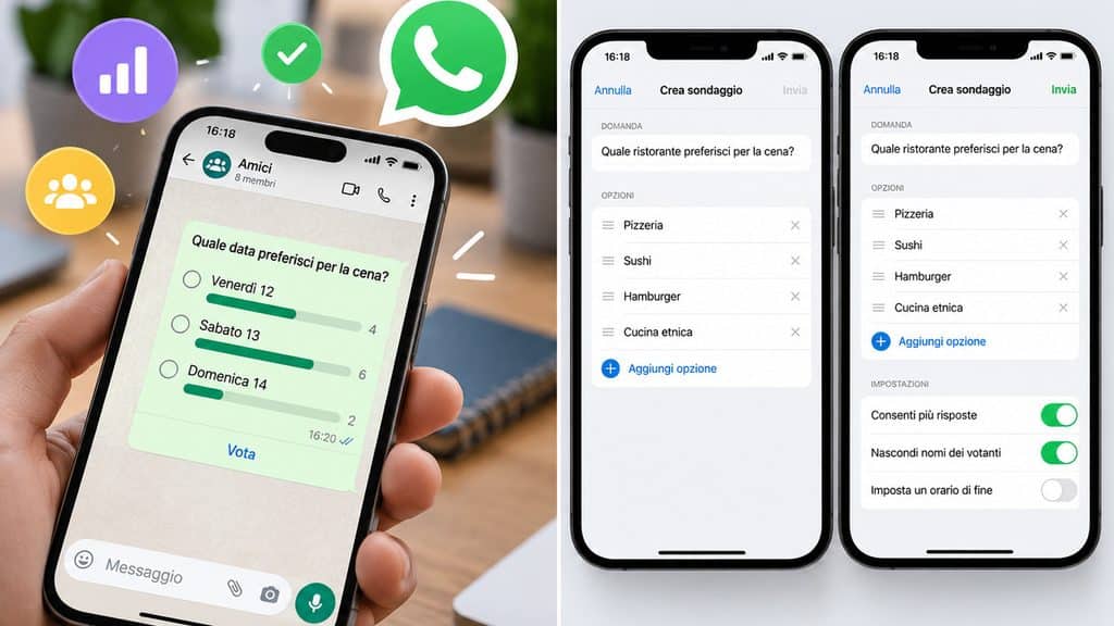 Sondaggi WhatsApp: come crearli, votarli e vedere i risultati 2 Confronto illustrativo tra sondaggi WhatsApp nei gruppi e sondaggi nei Canali