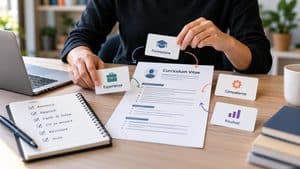 Persona che costruisce un curriculum vitae selezionando formazione, esperienze, competenze e risultati