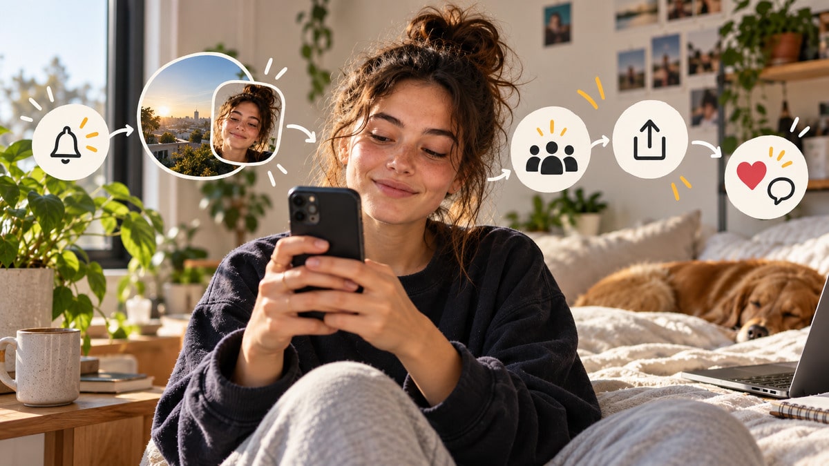 BeReal: cos’è, come funziona e cosa è cambiato 1 Ragazza con smartphone e simboli che rappresentano notifica, doppio scatto, audience, pubblicazione e interazioni su Bereal