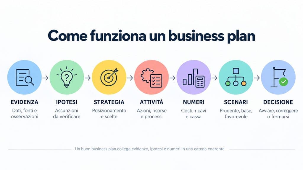 Business plan: cos’è, come si fa e cosa deve contenere 1 Schema del business plan da evidenze e ipotesi fino a strategia, numeri, scenari e decisione