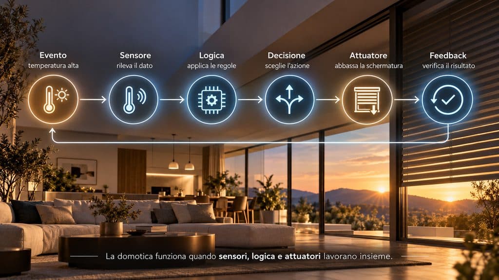 Domotica: cos’è, come funziona e come scegliere il sistema giusto 1 Schema del funzionamento della domotica da evento e sensore fino ad attuatore e feedback