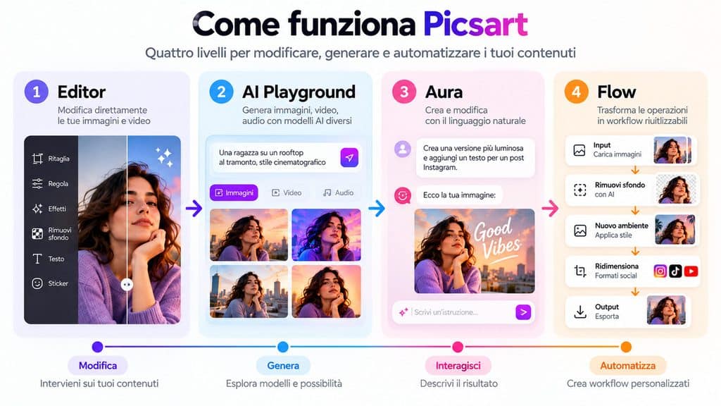 Picsart: cos’è, come funziona, quanto costa e come usarlo 1 Schema dei quattro livelli di Picsart: Editor, AI Playground, Aura e Flow