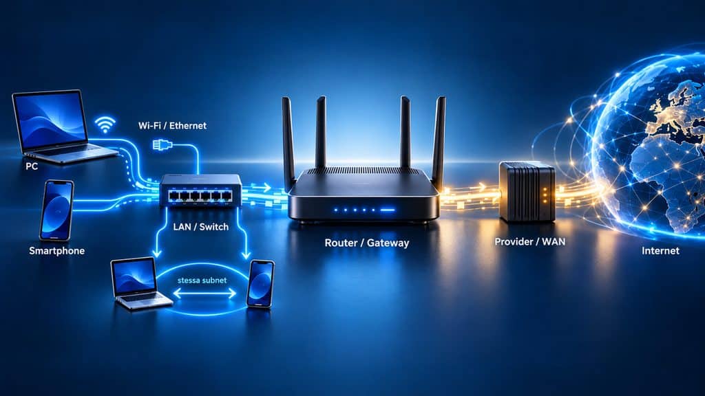 Router: cos’è, a cosa serve e come funziona 1 Schema del percorso dalla LAN al router, al provider e a Internet