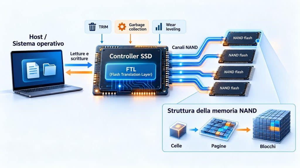 SSD: cos’è, come funziona, tipi e differenze con HDD 1 Schema del funzionamento di un SSD con controller, FTL, canali NAND, TRIM, garbage collection e wear leveling