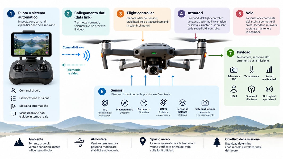 Cosa sono i droni, come funzionano e a cosa servono 1 Schema del funzionamento di un drone con pilota, data link, flight controller, sensori, attuatori e payload