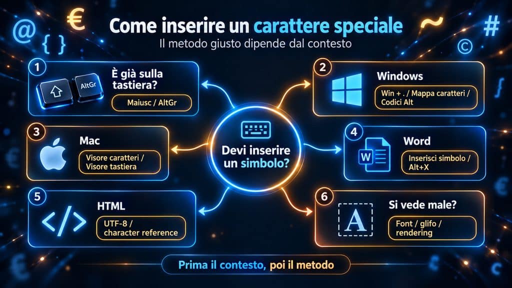 Caratteri speciali sulla tastiera: come scrivere simboli su Windows e Mac 1 Diagramma dei metodi per inserire un carattere speciale su Windows, Mac, Word e HTML