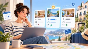 Home 7 Viaggiatrice al computer confronta tre opzioni di alloggio con prezzo, pagamento e cancellazione