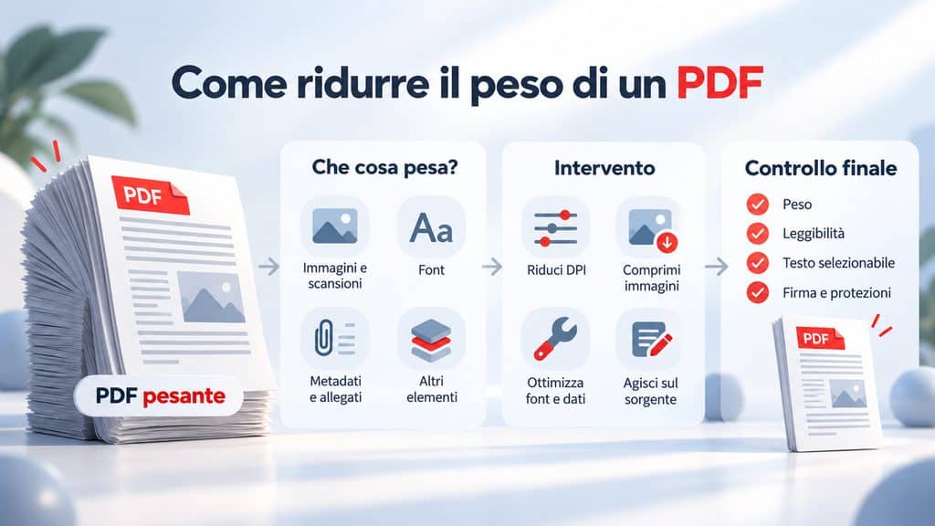 Come comprimere un PDF: ridurre peso e dimensioni senza perdere leggibilità 1 Diagramma che mostra cosa rende pesante un PDF, come intervenire e quali controlli fare dopo la compressione