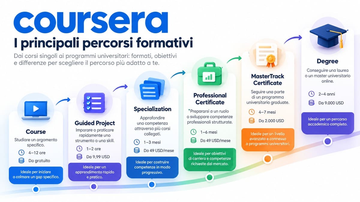 Coursera: cos'è, come funziona, quanto costa e se conviene 1 Principali percorsi Coursera: Course, Guided Project, Specialization, Professional Certificate, MasterTrack e Degree