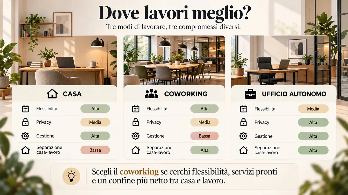 Coworking: cos’è, come funziona e quando conviene davvero 1 Confronto tra casa, coworking e ufficio autonomo per flessibilità, privacy, gestione e separazione casa-lavoro