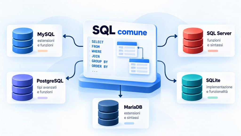 Linguaggio SQL: cos’è, come funziona e come si usa 2 SQL comune collegato a MySQL, PostgreSQL, MariaDB, SQL Server e SQLite