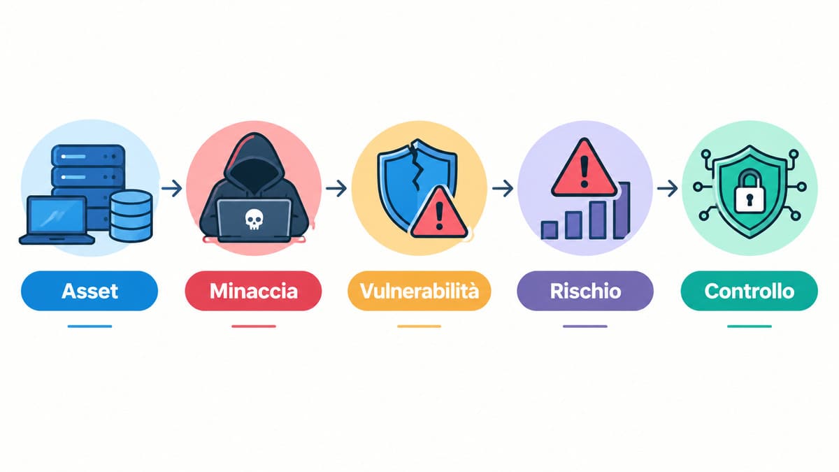 Cybersecurity: cos’è, come funziona e come proteggere dati e sistemi 1 Schema cybersecurity: Asset, Minaccia, Vulnerabilità, Rischio e Controllo collegati in sequenza