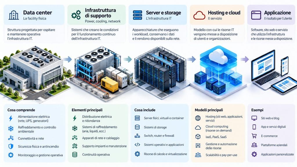 Data center: cosa sono, come funzionano e cosa cambia tra server, hosting e cloud 1 Schema dei livelli dal data center a infrastruttura di supporto, server e storage, hosting e cloud, applicazione