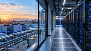 Interno di un data center con rack di server e impianti di raffreddamento