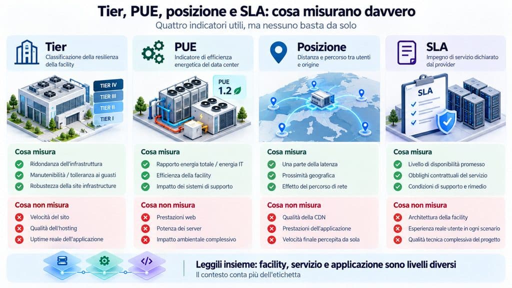 Data center: cosa sono, come funzionano e cosa cambia tra server, hosting e cloud 2 Confronto tra Tier, PUE, posizione del data center e SLA con ciò che misurano e non misurano