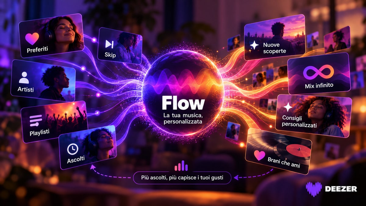 Deezer: cos’è, come funziona, prezzi e differenze con Spotify 1 Schema illustrativo di Deezer Flow con preferiti, artisti, playlist e ascolti che alimentano nuove scoperte e consigli personalizzati