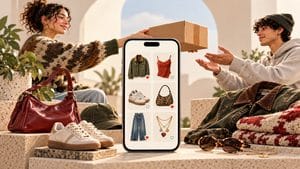 Smartphone con articoli fashion second hand e scambio di un pacco tra venditore e acquirente su Depop